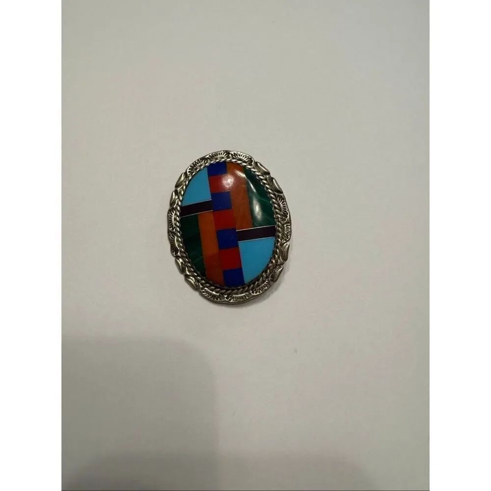 Sterling Silver 925 Edith James Colorful Stone Inlay Broach Pen Pendant Vintage